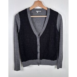 Halogen‎ Petite Size MP Gray Merino Wool Black Lace Panel Front Knit Cardigan